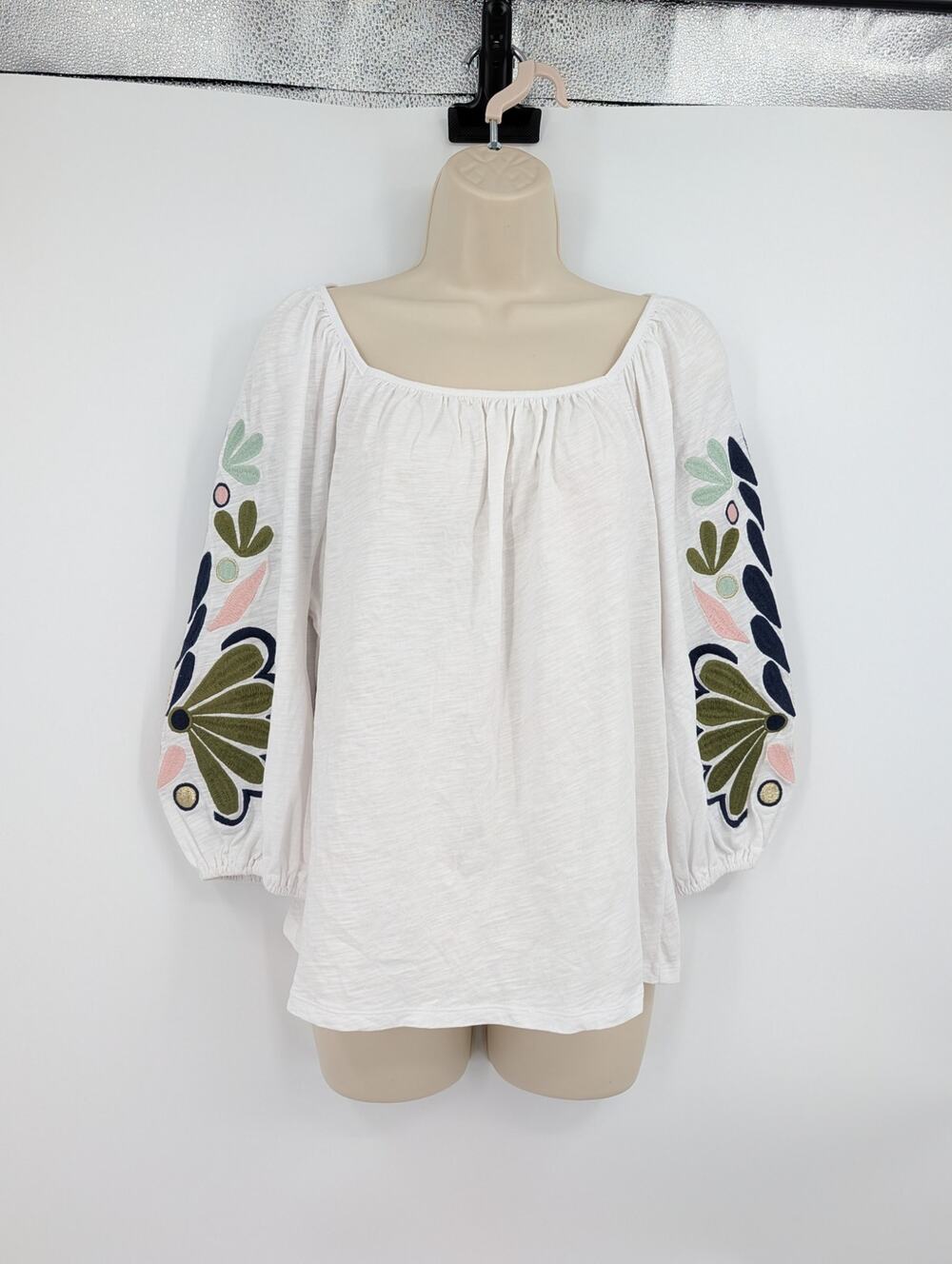 Boden White Peasant Blouse with Multicolor Floral Embroidery